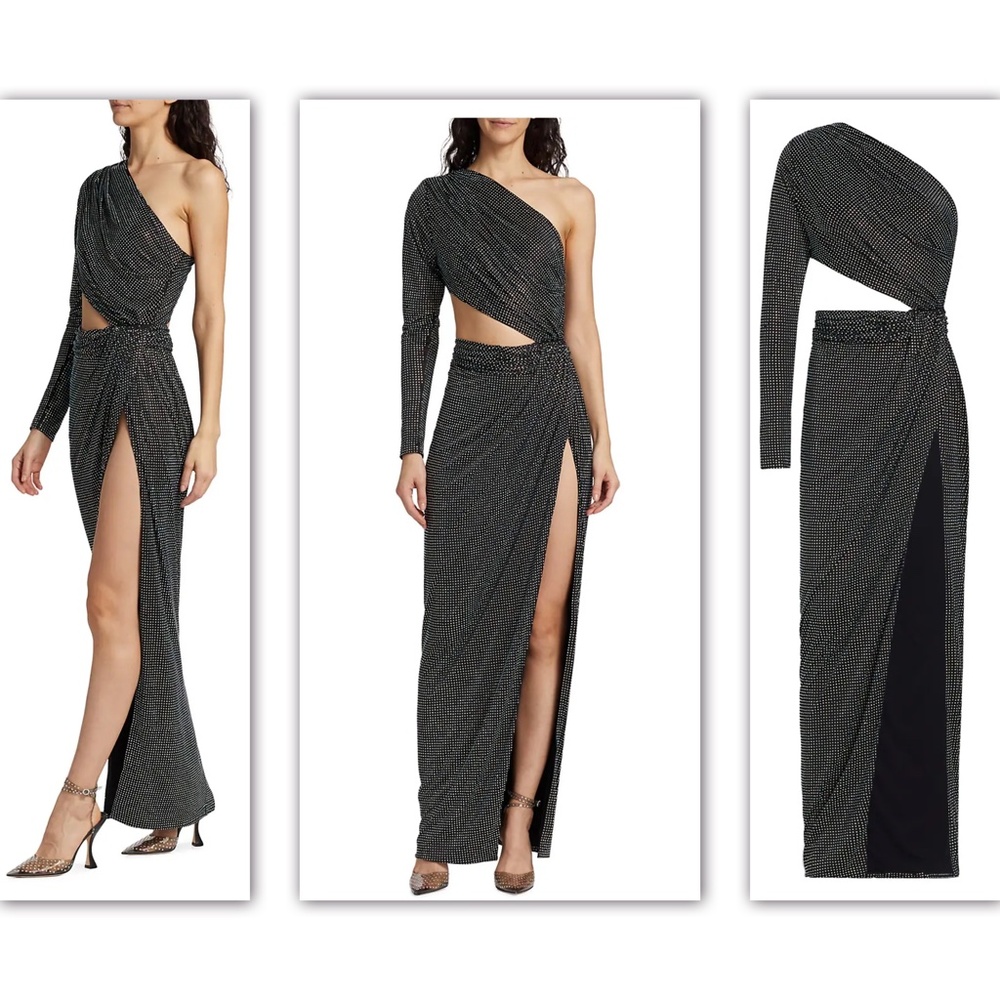 Ronny Kobo Lorinna Metallic Cut Out Slit Gown XS
